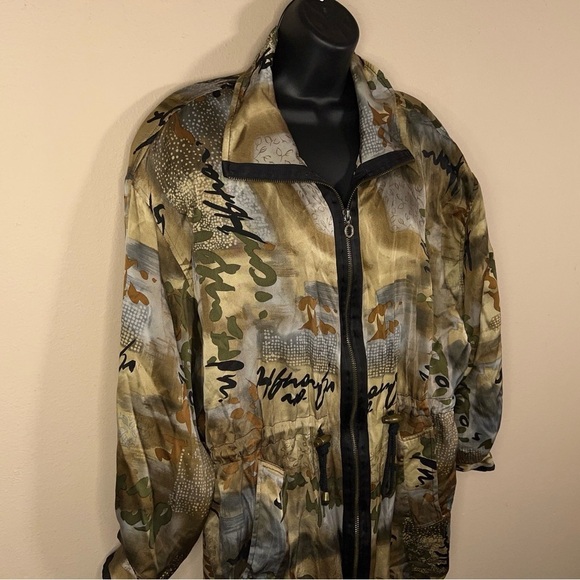 LARGE VINTAGE COREY B SILK JACKET BEIGE BROWN ABSTRACT PRINT LONG SLEEVE 90s - Picture 6 of 11